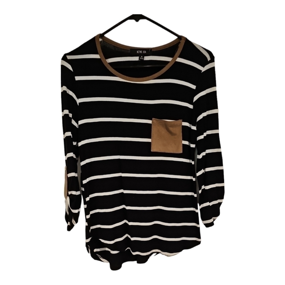 ACTIVE USA stripe suede pocket roll tab sleeve knit shirt top t shirt sz M